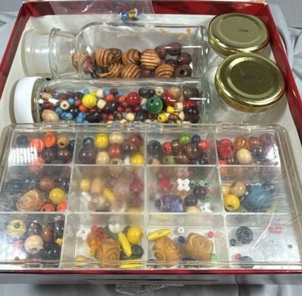 Vintage Assorted Beads Wood and Venetian Beads with vintage glass bottles